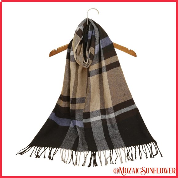 Plaid Fringe Hem Soft Scarf Shawl Primary Browns, Blues, and Accent White - Picture 5 of 5